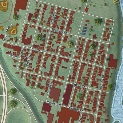 Close-up of the map of the Town of Green Island, New York print showing street and building detail