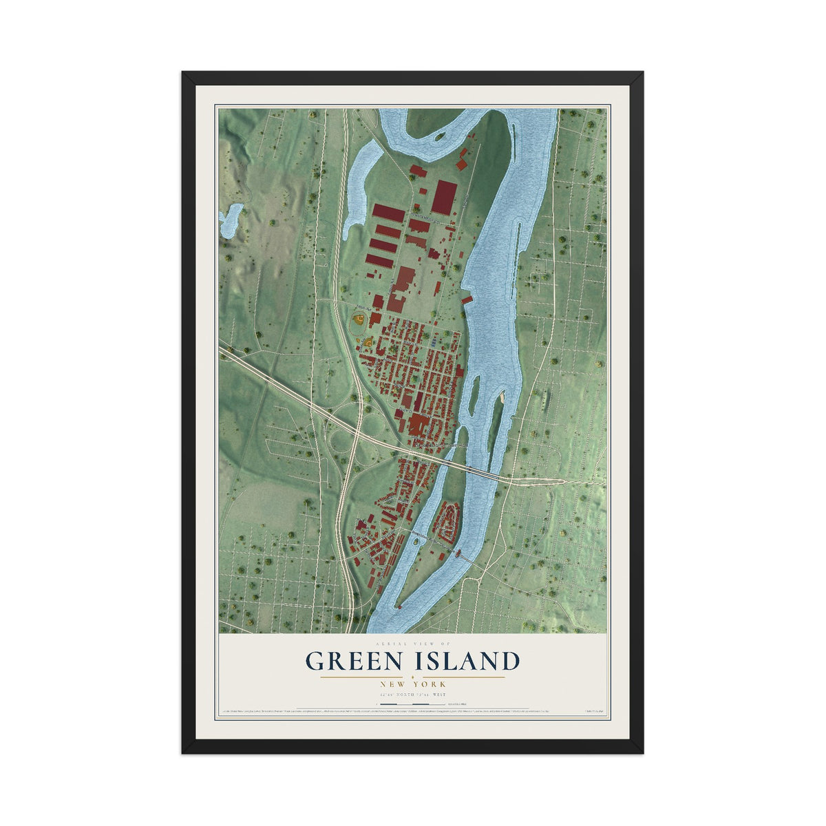 Green Island, New York map print, 12" x 18" W/ Black Ayous Wood Frame mockup