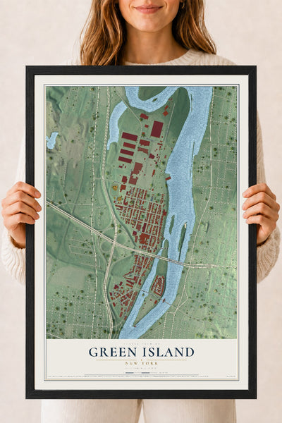 Green Island, New York map print, 18" x 24" W/ Black Ayous Wood Frame mockup
