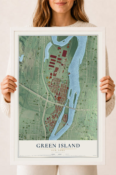 Green Island, New York map print, 18" x 24" W/ White Ayous Wood Frame mockup