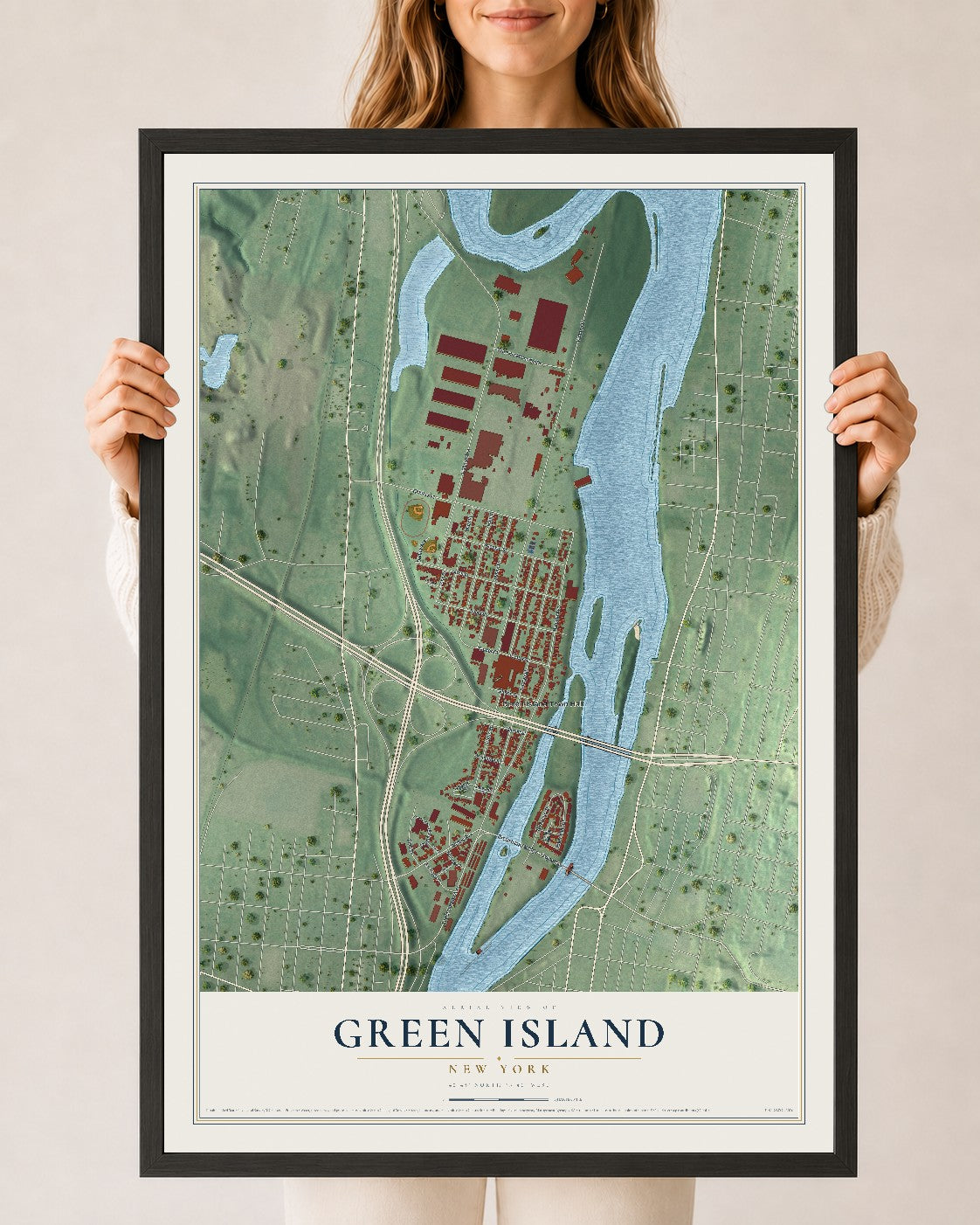 Green Island, New York map print, 24" x 36" W/ Black Ayous Wood Frame mockup