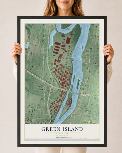 Green Island, New York map print, 24" x 36" W/ Black Ayous Wood Frame mockup