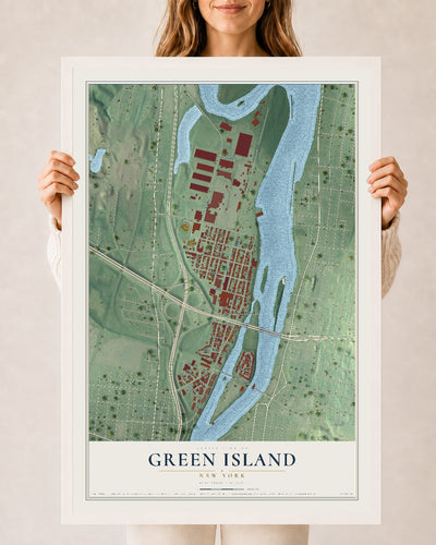 Green Island, New York map print, 24" x 36" W/ White Ayous Wood Frame mockup