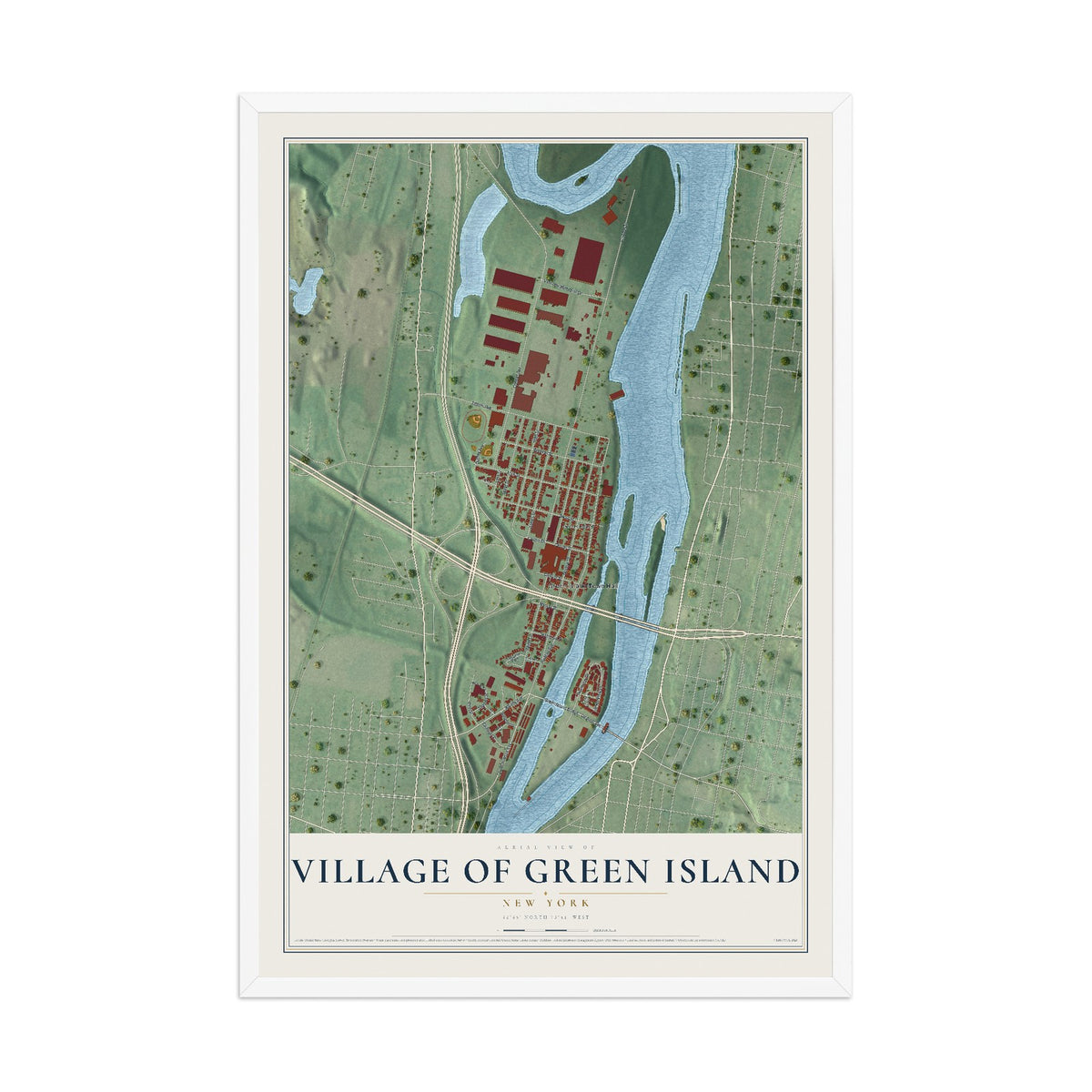 Green Island, New York map print, 12" x 18" W/ White Ayous Wood Frame mockup