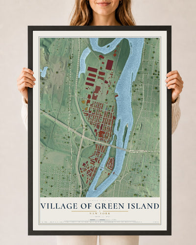 Green Island, New York map print, 24" x 36" W/ Black Ayous Wood Frame mockup