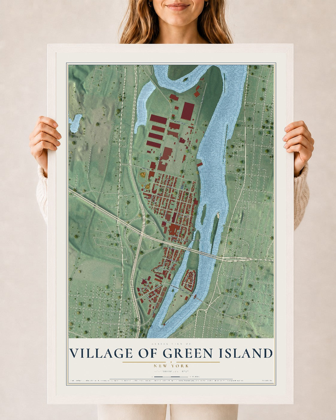 Green Island, New York map print, 24" x 36" W/ White Ayous Wood Frame mockup