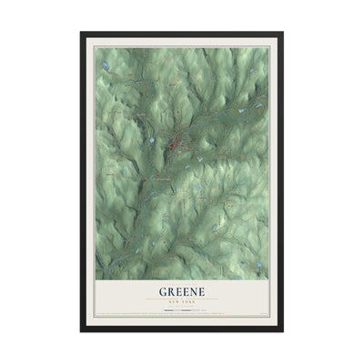 Greene, New York map print, 12" x 18" W/ Black Ayous Wood Frame mockup