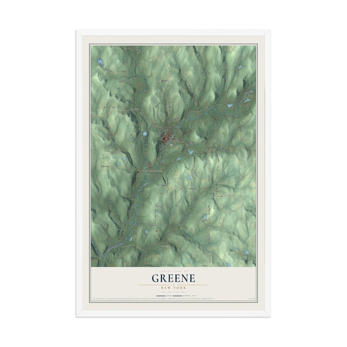 Greene, New York map print, 12" x 18" W/ White Ayous Wood Frame mockup