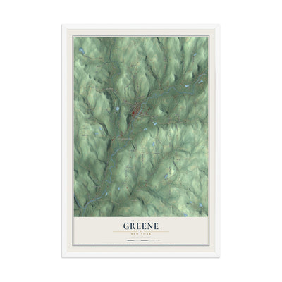 Greene, New York map print, 12" x 18" W/ White Ayous Wood Frame mockup