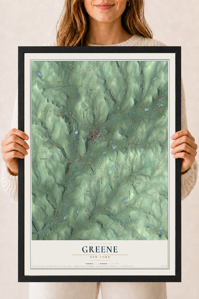 Greene, New York map print, 18" x 24" W/ Black Ayous Wood Frame mockup