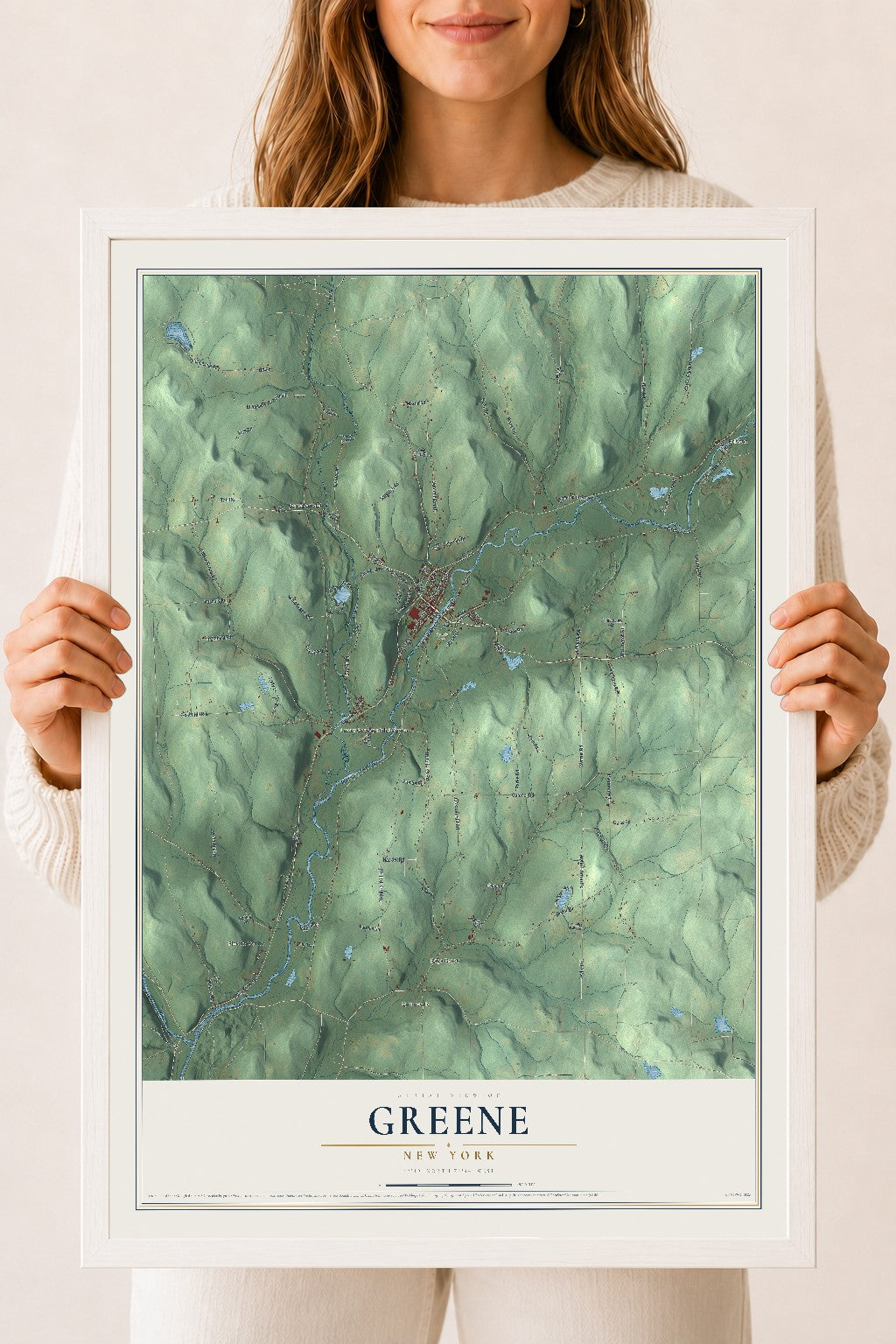 Greene, New York map print, 18" x 24" W/ White Ayous Wood Frame mockup