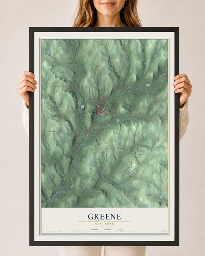 Greene, New York map print, 24" x 36" W/ Black Ayous Wood Frame mockup