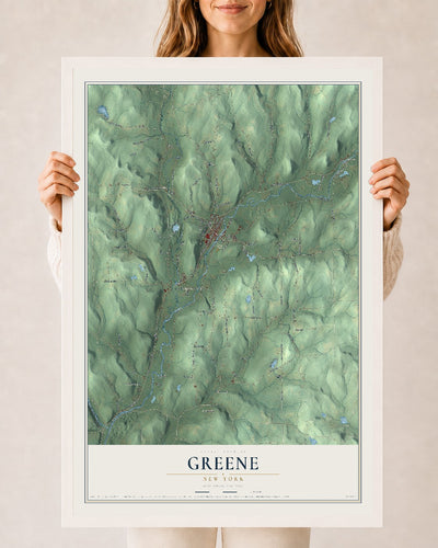 Greene, New York map print, 24" x 36" W/ White Ayous Wood Frame mockup