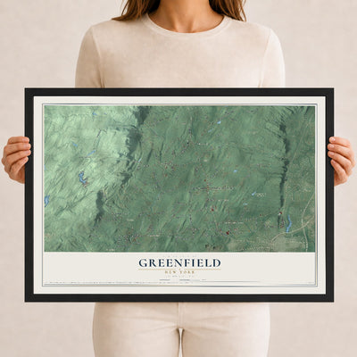 Greenfield, New York map print, 12" x 18" W/ Black Ayous Wood Frame mockup