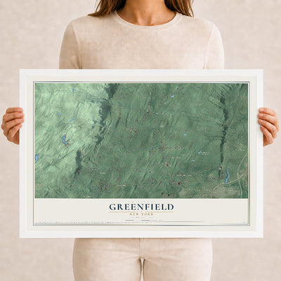 Greenfield, New York map print, 12" x 18" W/ White Ayous Wood Frame mockup