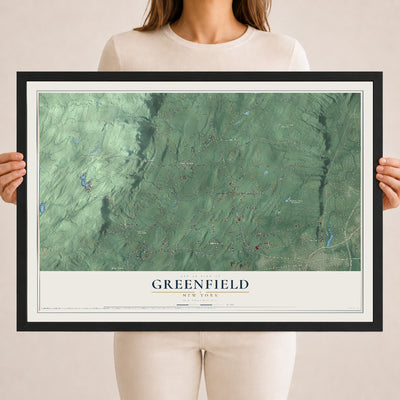 Greenfield, New York map print, 18" x 24" W/ Black Ayous Wood Frame mockup