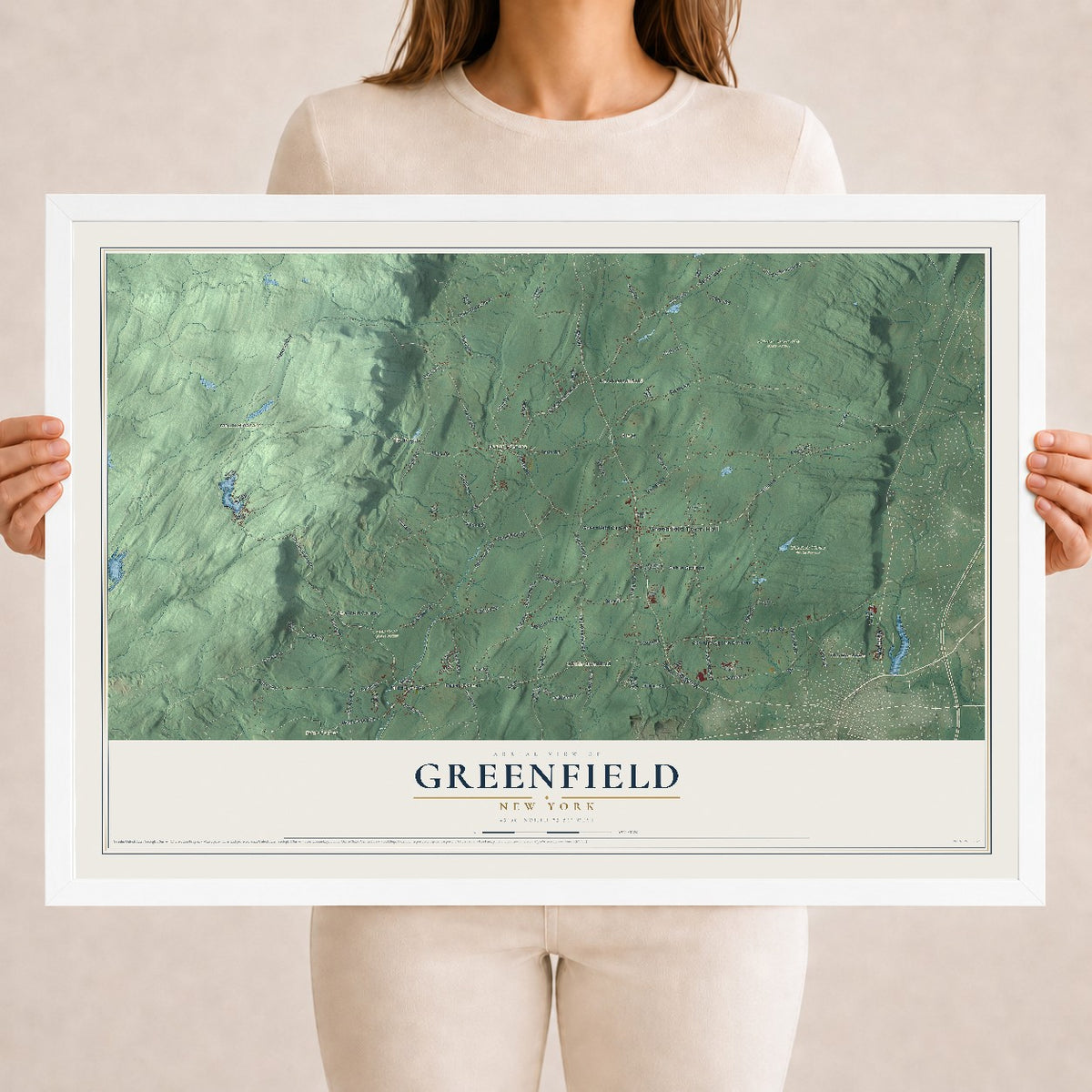 Greenfield, New York map print, 18" x 24" W/ White Ayous Wood Frame mockup