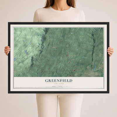 Greenfield, New York map print, 24" x 36" W/ Black Ayous Wood Frame mockup