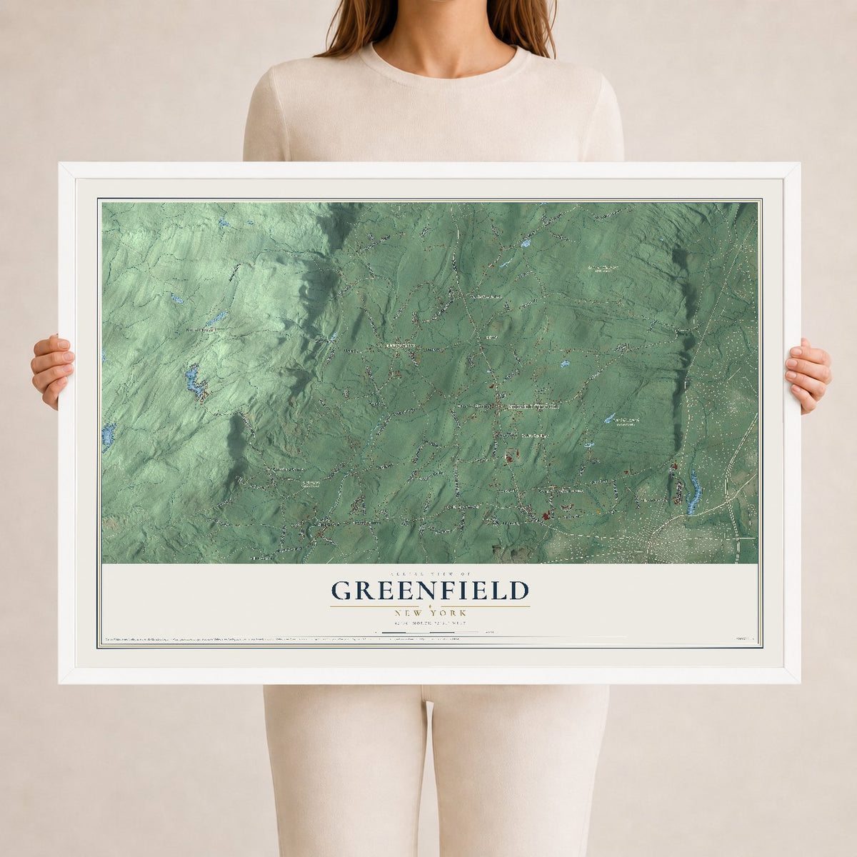 Greenfield, New York map print, 24" x 36" W/ White Ayous Wood Frame mockup