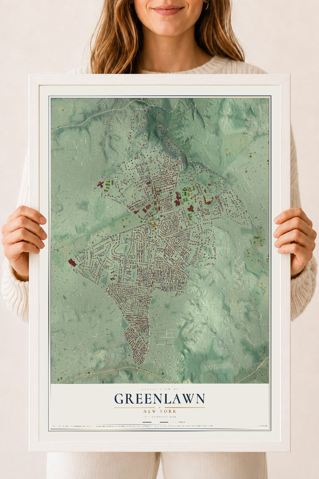 Greenlawn, New York map print, 18" x 24" W/ White Ayous Wood Frame mockup