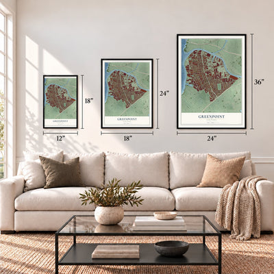 Greenpoint, New York map in 12 x 18, 18 x 24 and 24 x 36 inch sizes above a sofa