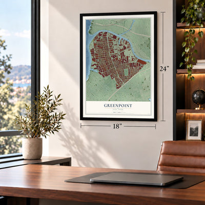 Greenpoint, New York map, 18 x 24 inch print in a black frame in a home office