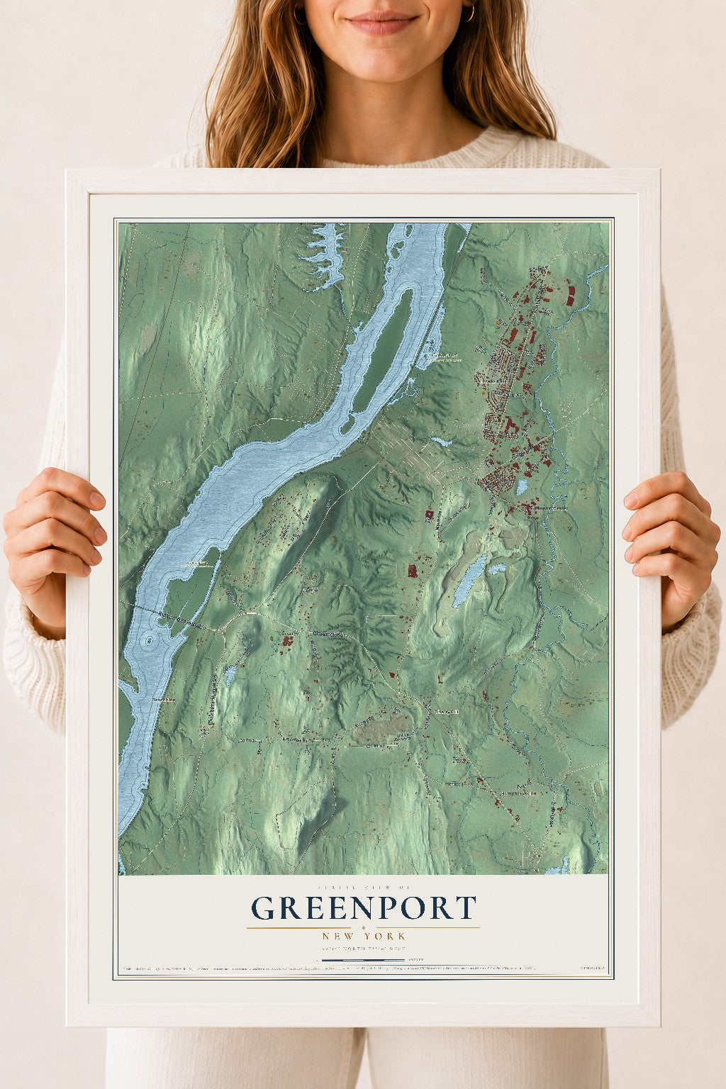 Greenport, New York map print, 18" x 24" W/ White Ayous Wood Frame mockup