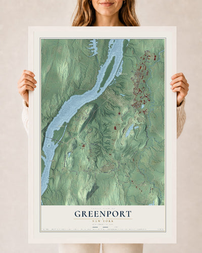 Greenport, New York map print, 24" x 36" W/ White Ayous Wood Frame mockup