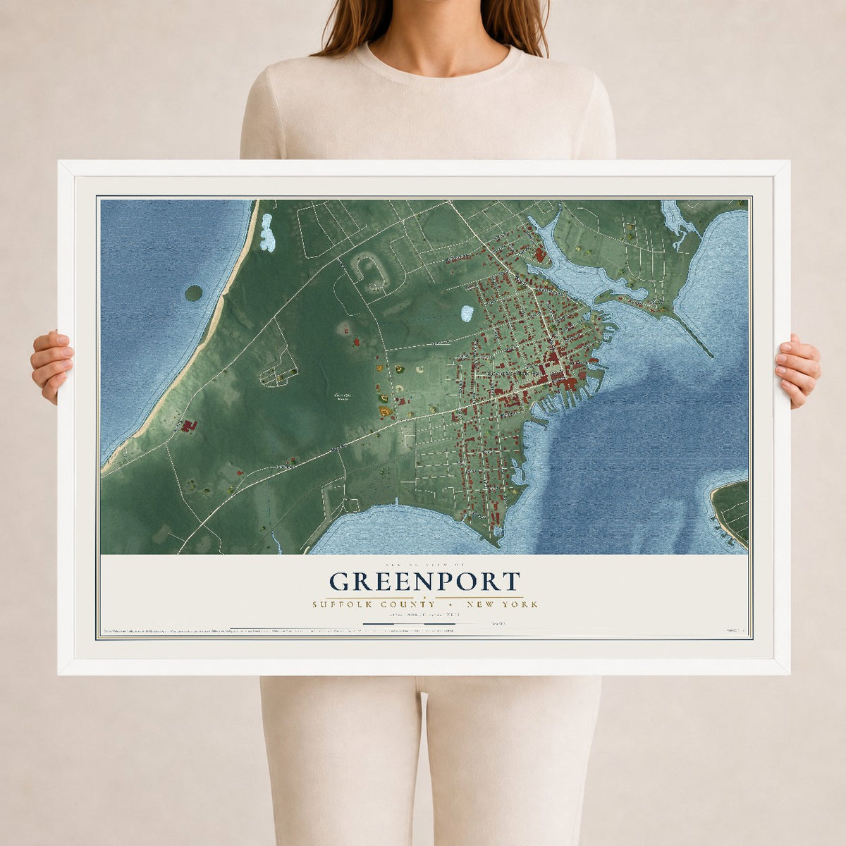 Greenport, New York map print, 24" x 36" W/ White Ayous Wood Frame mockup