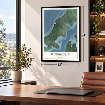 Greenport West, New York map, 18 x 24 inch print in a black frame in a home office