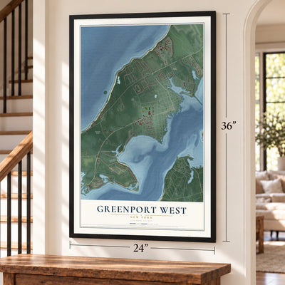 Greenport West, New York map, 24 x 36 inch print in a black frame by a staircase