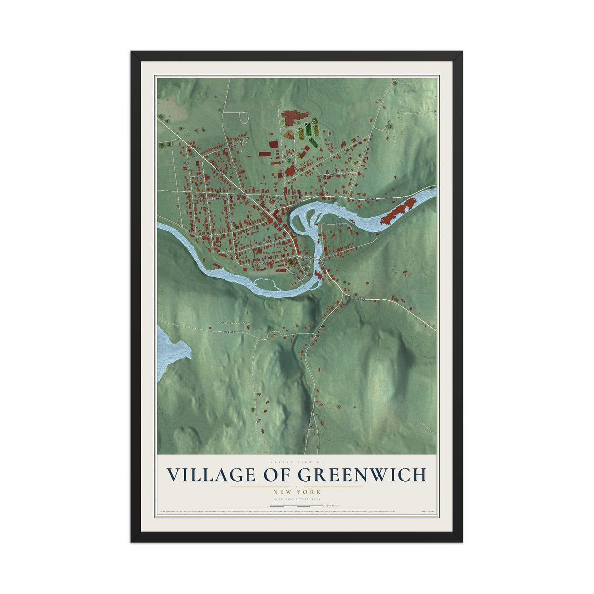 Greenwich, New York map print, 12" x 18" W/ Black Ayous Wood Frame mockup