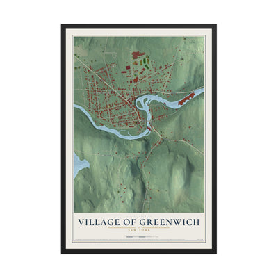 Greenwich, New York map print, 12" x 18" W/ Black Ayous Wood Frame mockup