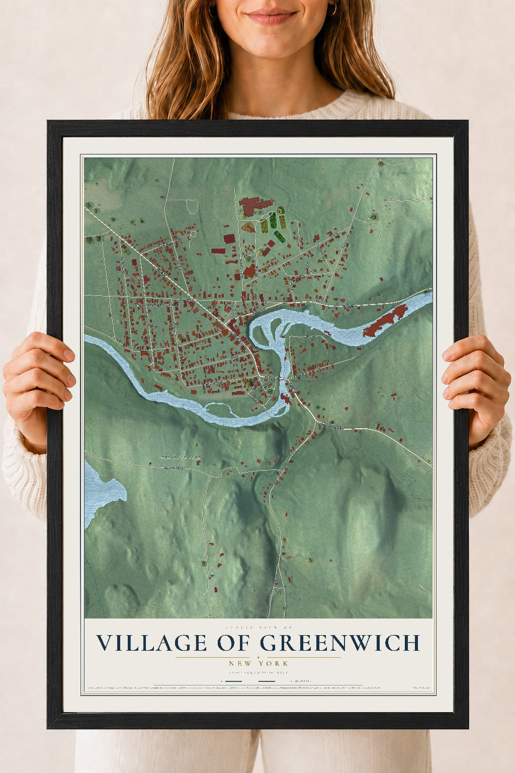 Greenwich, New York map print, 18" x 24" W/ Black Ayous Wood Frame mockup