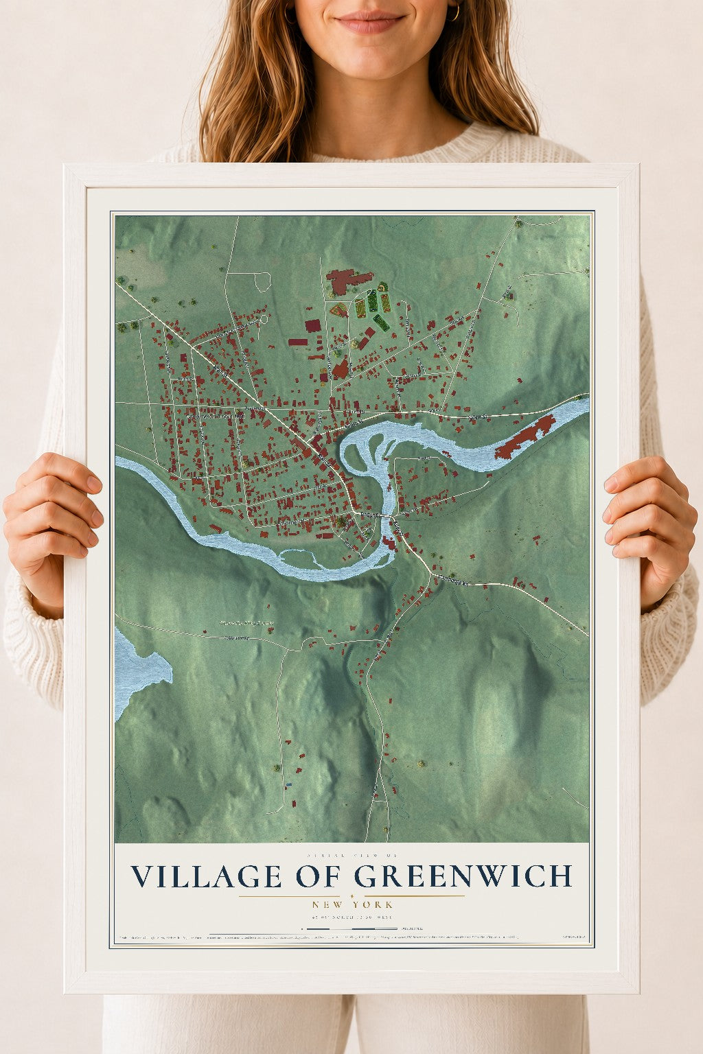 Greenwich, New York map print, 18" x 24" W/ White Ayous Wood Frame mockup
