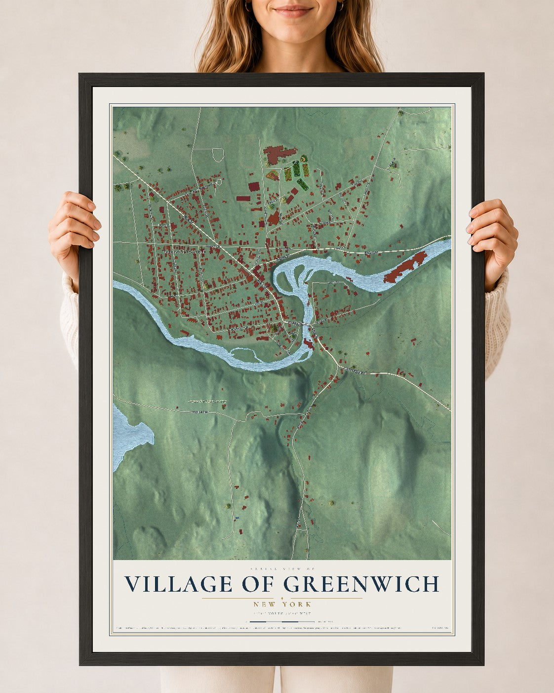 Greenwich, New York map print, 24" x 36" W/ Black Ayous Wood Frame mockup