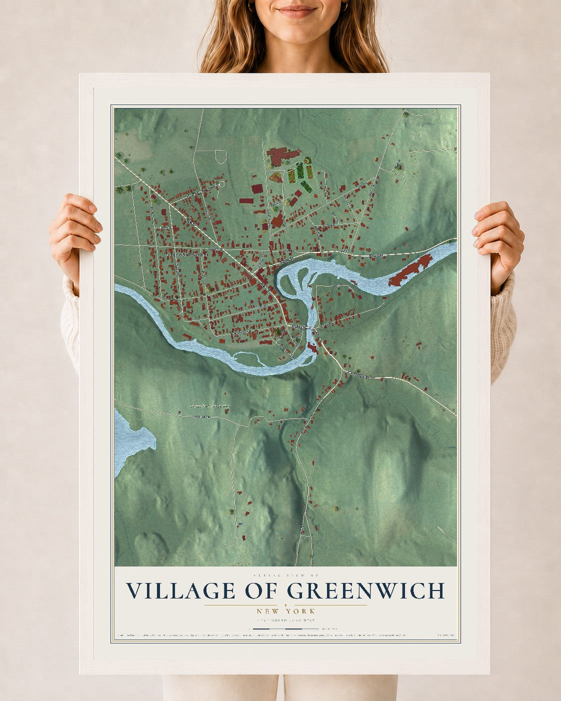 Greenwich, New York map print, 24" x 36" W/ White Ayous Wood Frame mockup