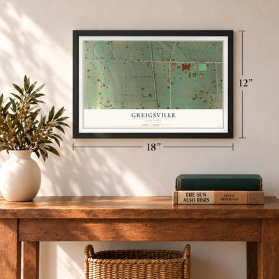 Greigsville, New York map, 12 x 18 inch print in a black frame in an entryway