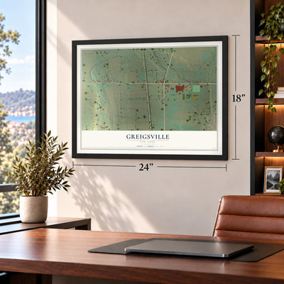 Greigsville, New York map, 18 x 24 inch print in a black frame in a home office