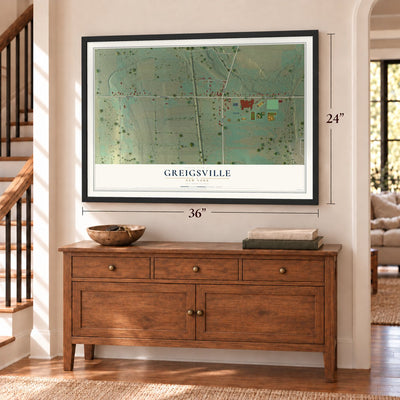 Greigsville, New York map, 24 x 36 inch print in a black frame above a dresser by a staircase