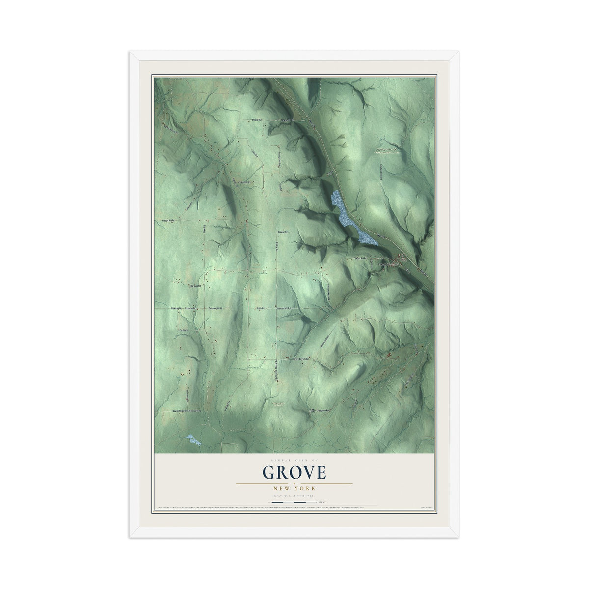 Grove, New York map print, 12" x 18" W/ White Ayous Wood Frame mockup