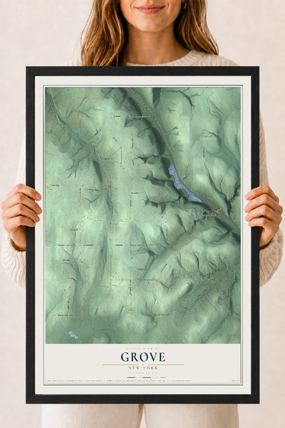 Grove, New York map print, 18" x 24" W/ Black Ayous Wood Frame mockup