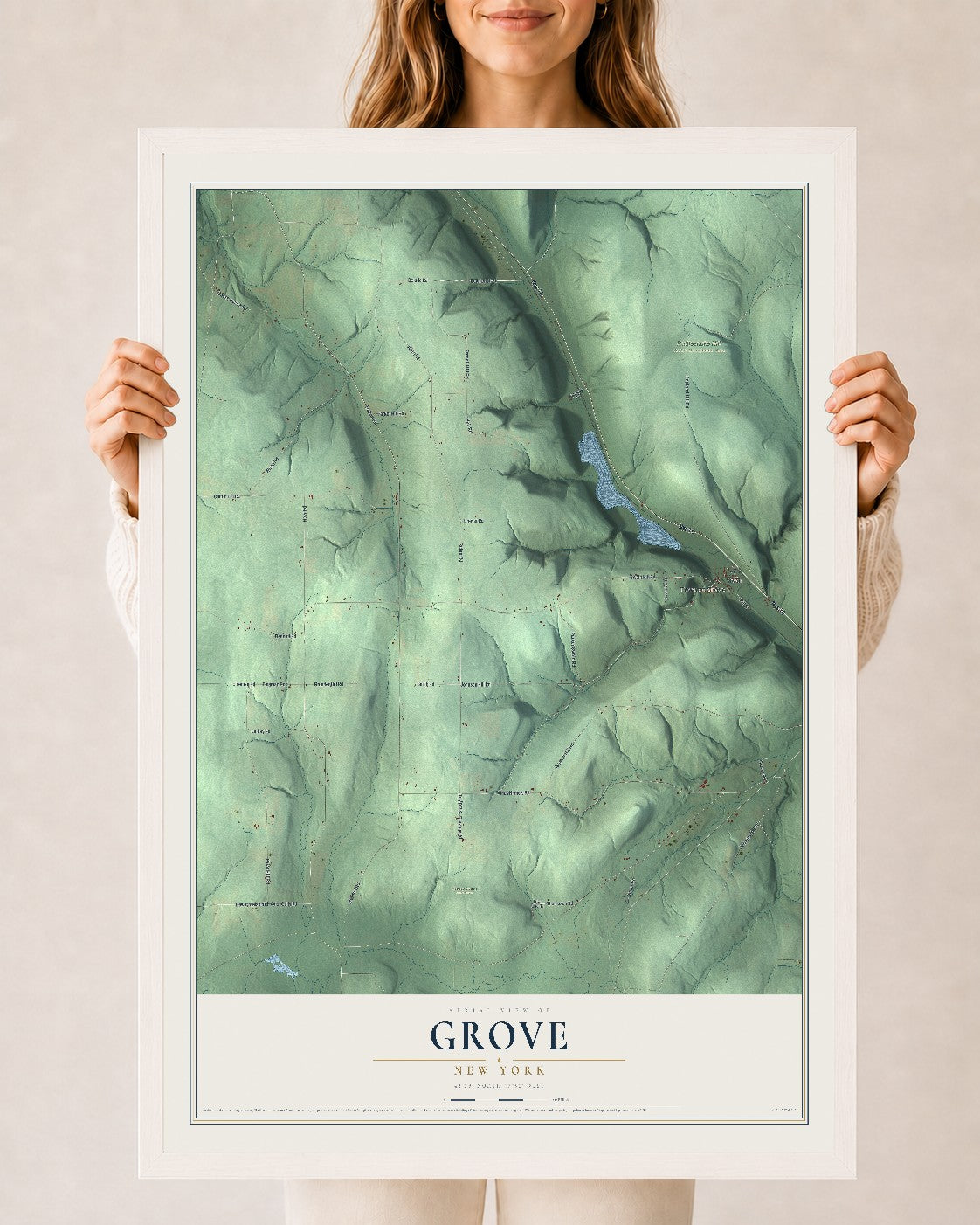 Grove, New York map print, 24" x 36" W/ White Ayous Wood Frame mockup