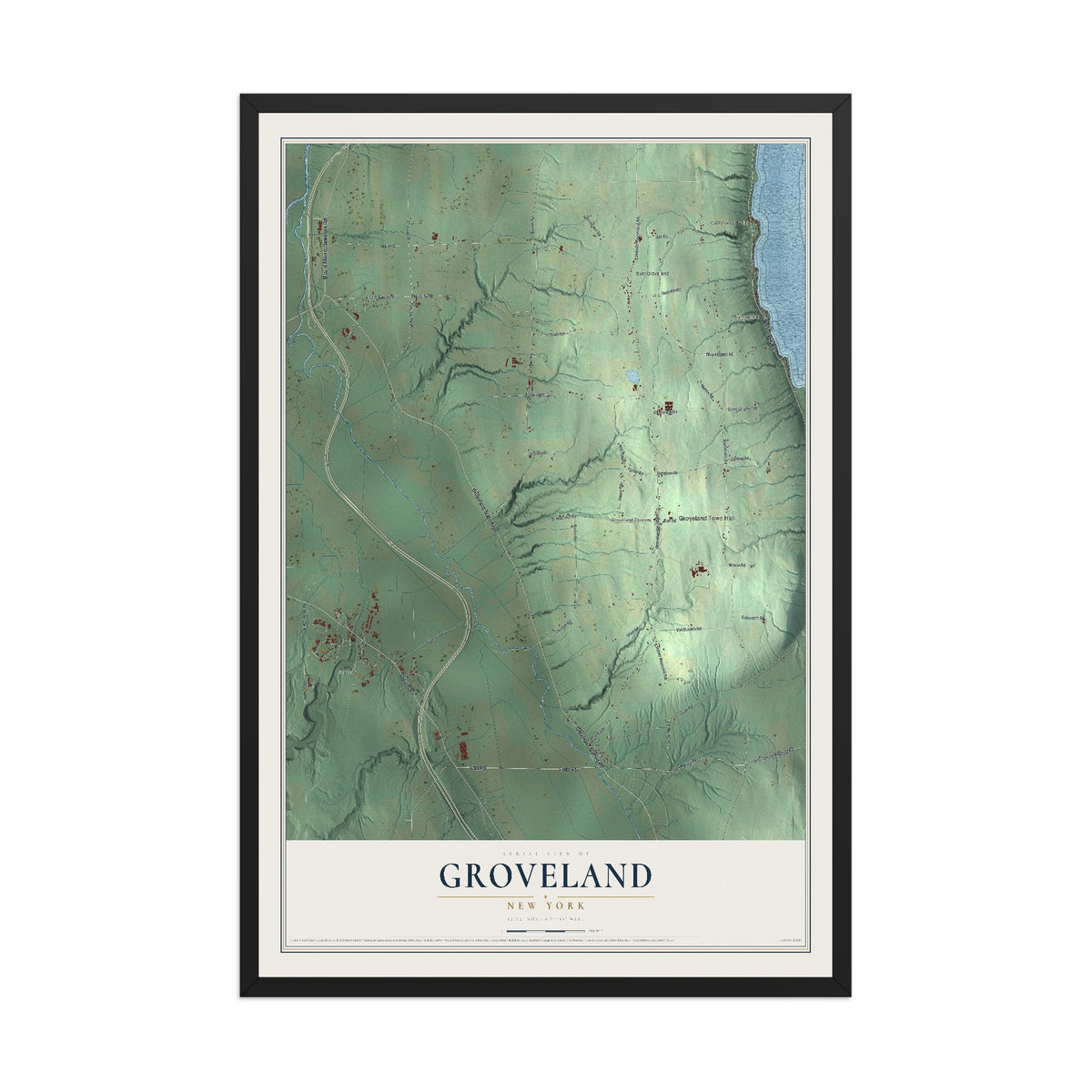 Groveland, New York map print, 12" x 18" W/ Black Ayous Wood Frame mockup