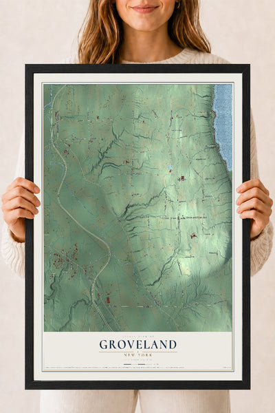 Groveland, New York map print, 18" x 24" W/ Black Ayous Wood Frame mockup