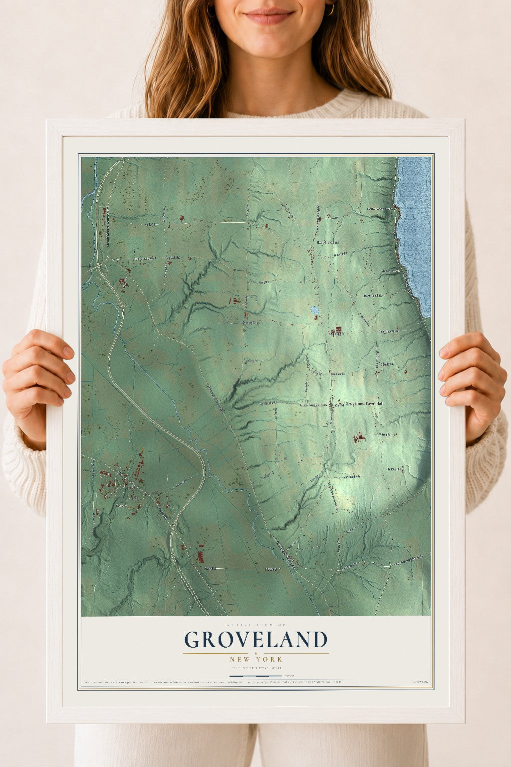 Groveland, New York map print, 18" x 24" W/ White Ayous Wood Frame mockup