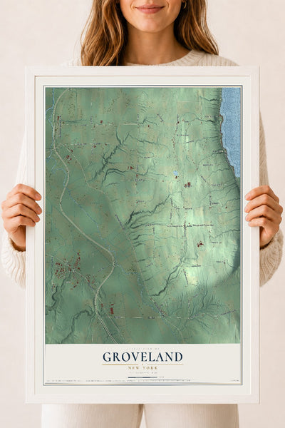 Groveland, New York map print, 18" x 24" W/ White Ayous Wood Frame mockup
