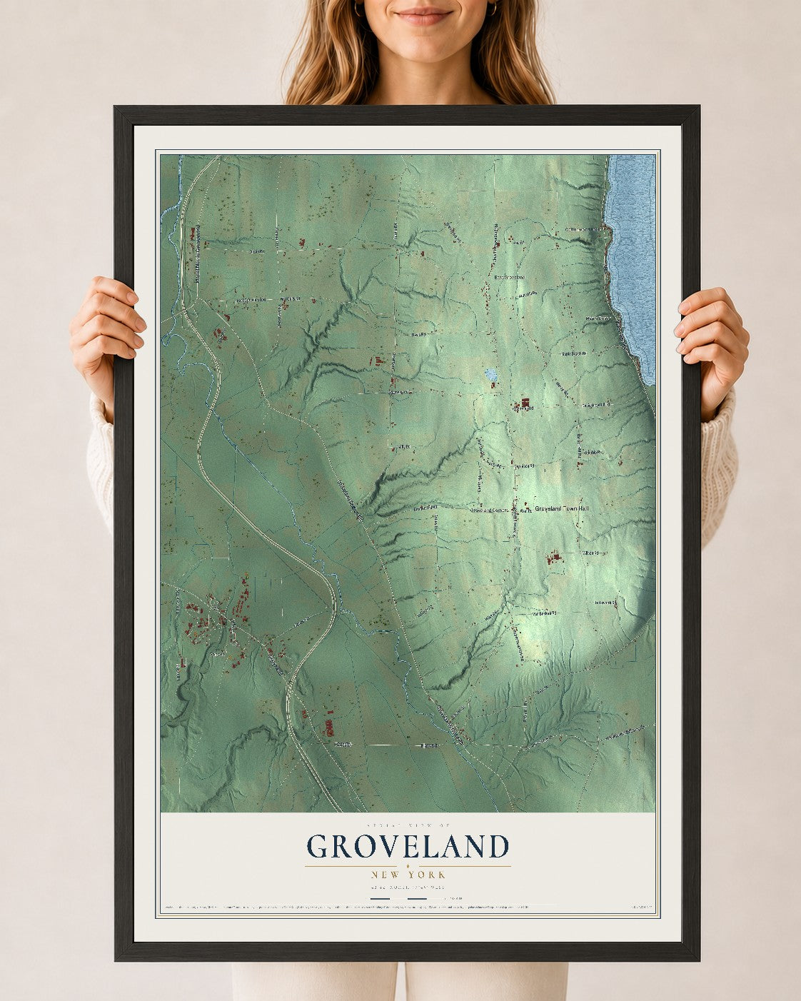 Groveland, New York map print, 24" x 36" W/ Black Ayous Wood Frame mockup