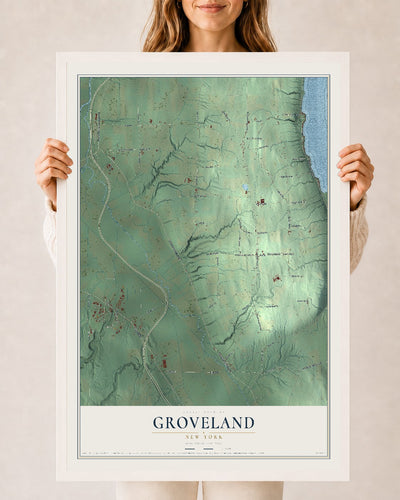 Groveland, New York map print, 24" x 36" W/ White Ayous Wood Frame mockup