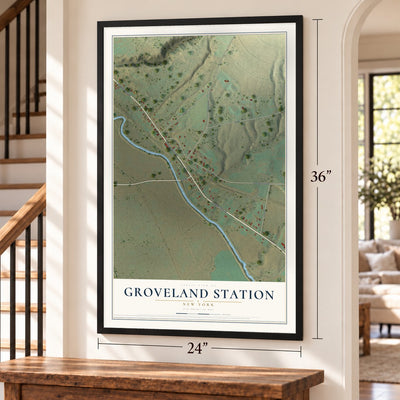 Groveland Station, New York map, 24 x 36 inch print in a black frame by a staircase